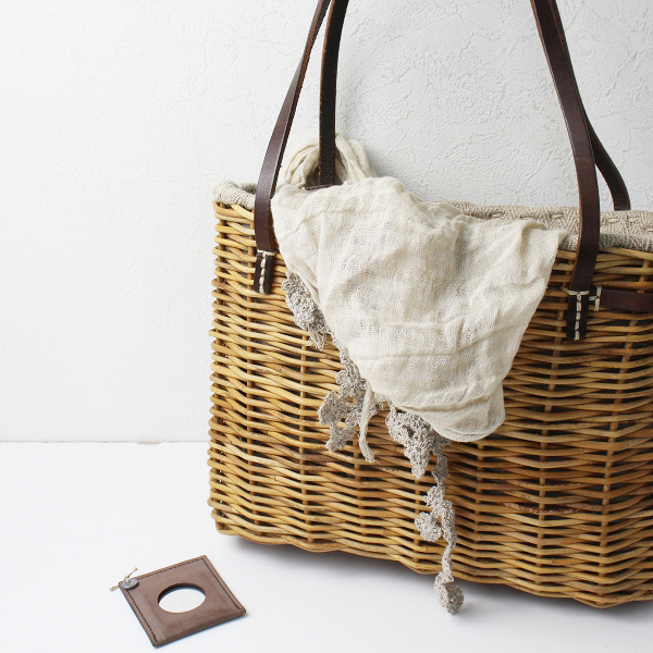 ebagos エバゴス リネン被せ付き レザーハンドル 紅籐 かごバッグ  