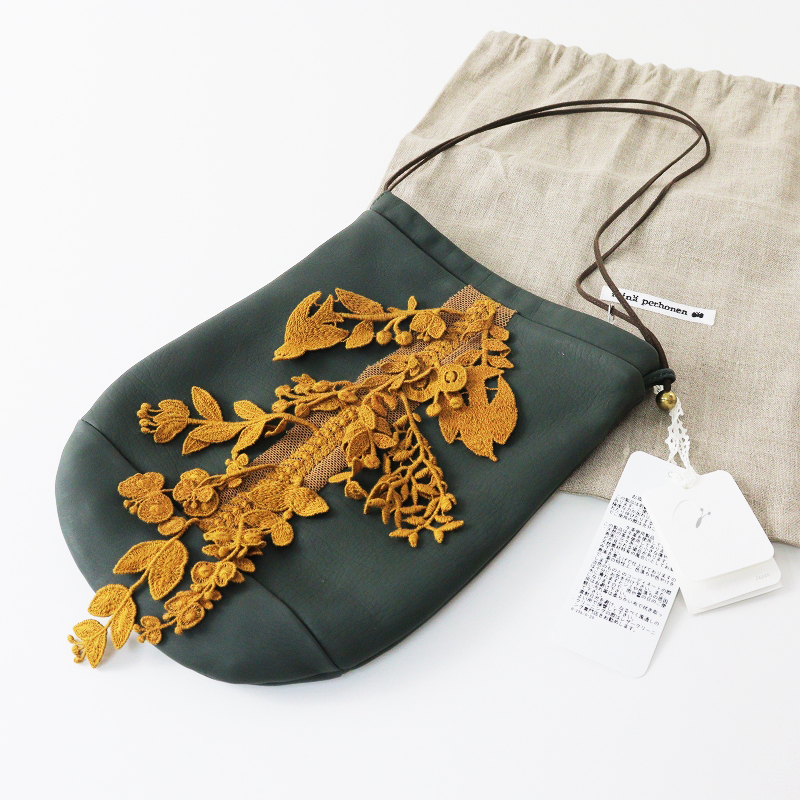 ミナペルホネン mina perhonen forest parade レース レザー巾着バッグ  